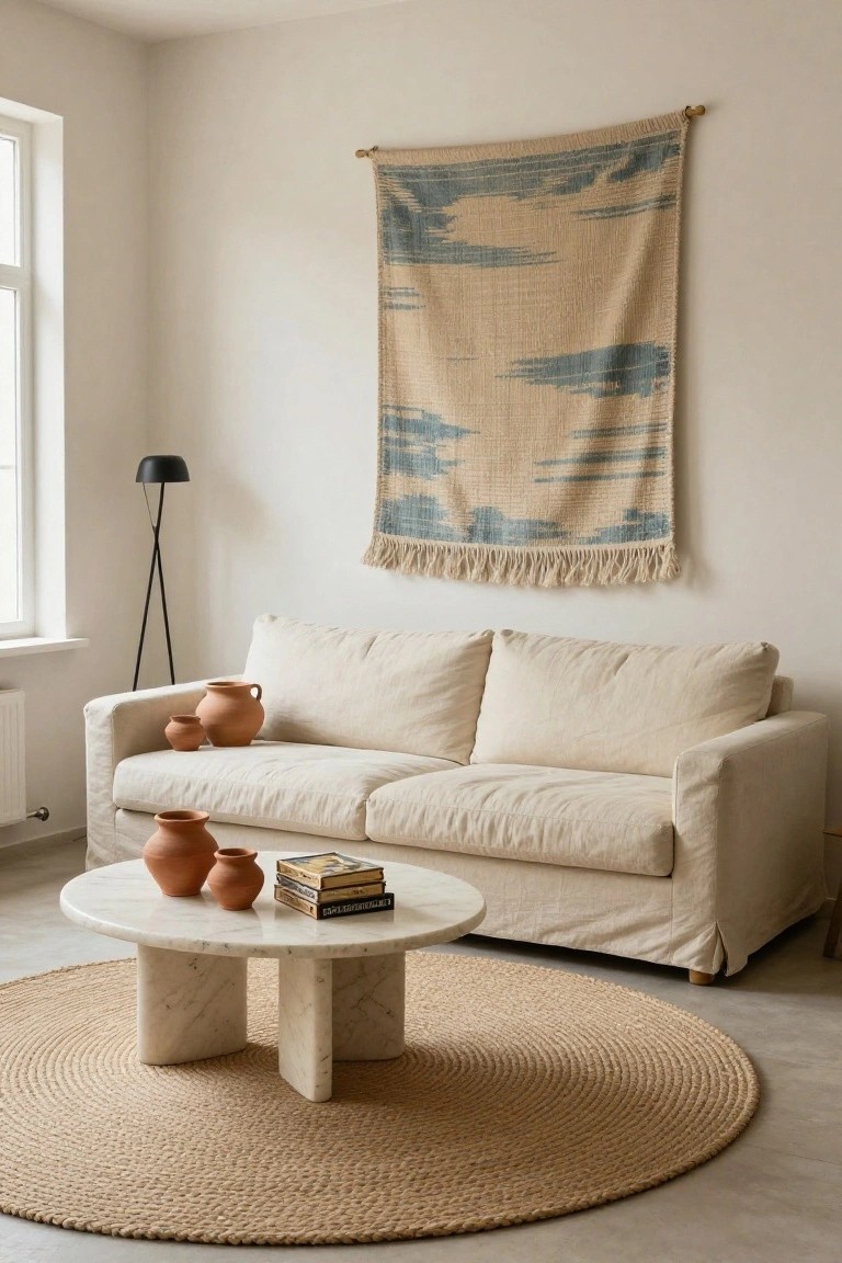 A light-colored living room with a beige slipcovered sofa, round white marble coffee table holding books and small terracotta pots, larger terracotta pots on the floor nearby, a seagrass rug, black tripod floor lamp, and a large woven beige tapestry with blue cloud motifs hanging on the wall.