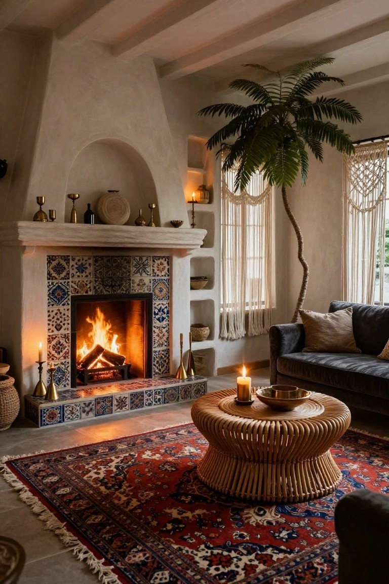Living room with white arched fireplace surrounded by blue, white, and multicolored patterned tiles, active fire inside, rattan coffee table on red Persian rug, gray velvet sofa, potted palm tree, macrame window hangings, and candles.