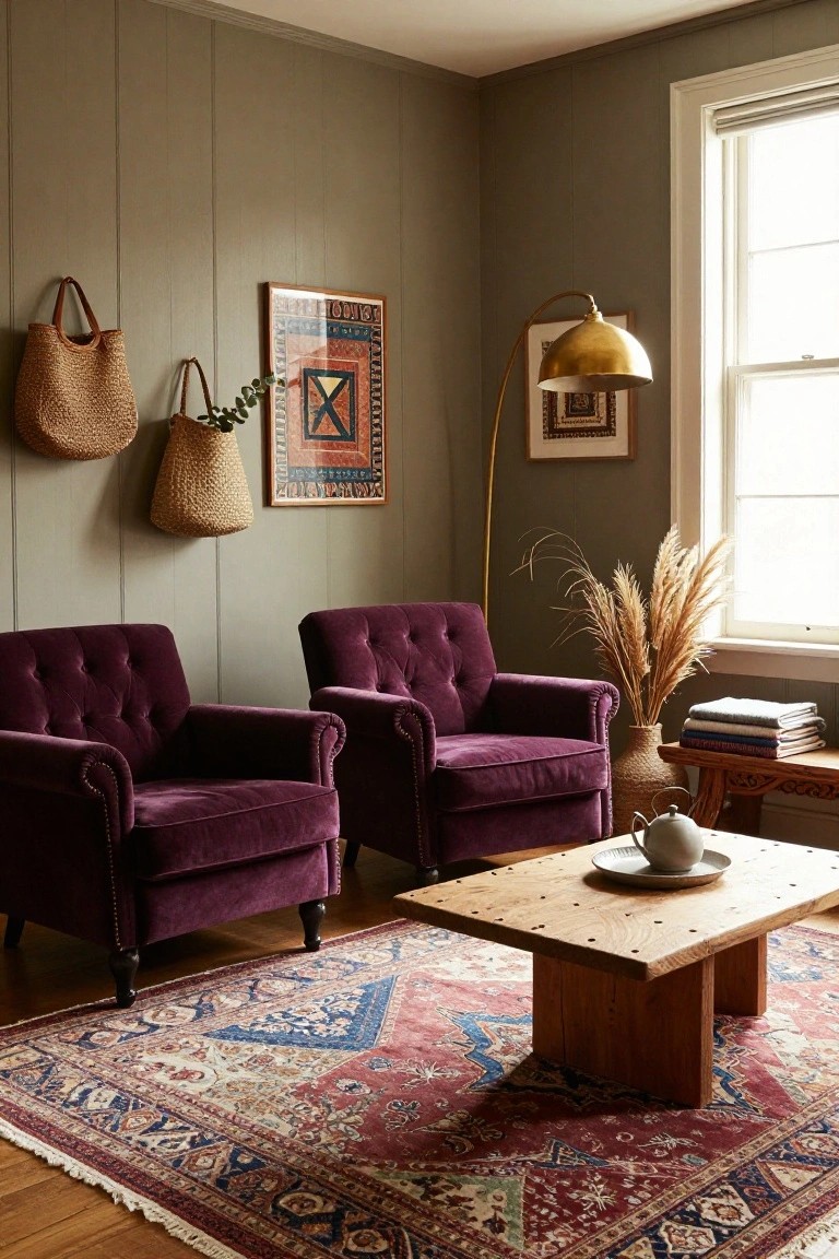 Living room corner showing two deep purple tufted velvet armchairs facing a low square wooden coffee table on a red and blue patterned rug, with pampas grass in a woven pot, stacked books on a wood side table, gold floor lamp, woven baskets on wood-paneled sage green walls, and a framed artwork.