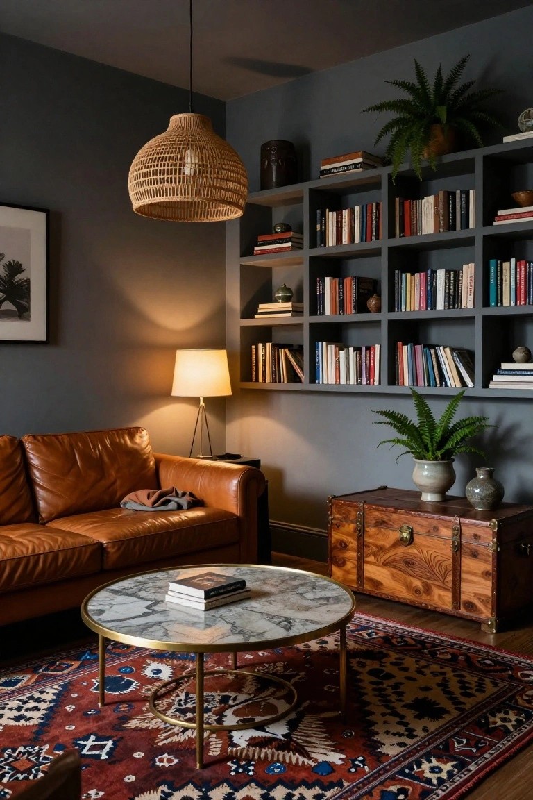 Dark gray living room with brown leather sofa, brass and marble coffee table, wooden trunk, bookshelves with books and plants, rattan pendant light, table lamp, and patterned rug.
