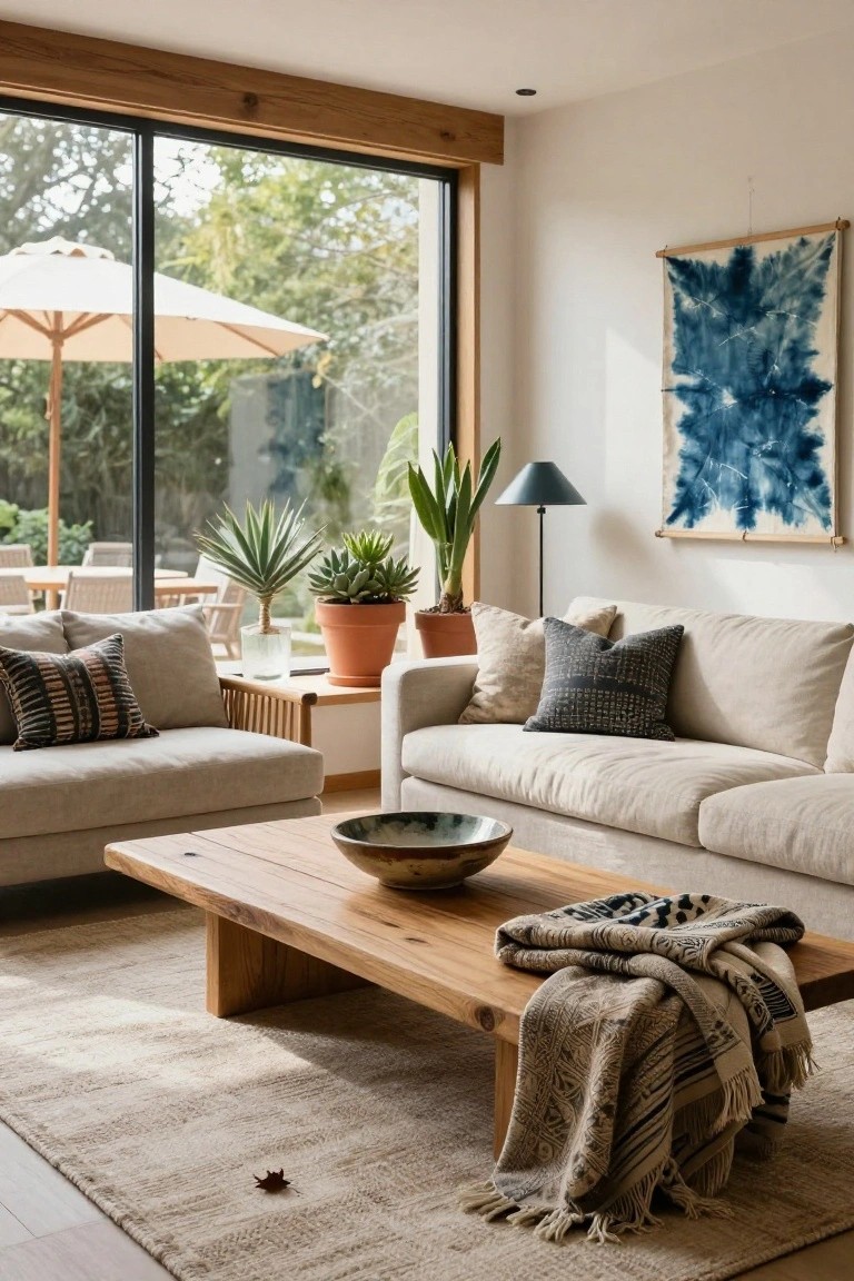 Modern living room with two light beige sofas, low wooden coffee table topped with ceramic bowl and woven throws, potted plants, blue shibori wall hanging, lamp, and large windows to outdoor patio and garden.