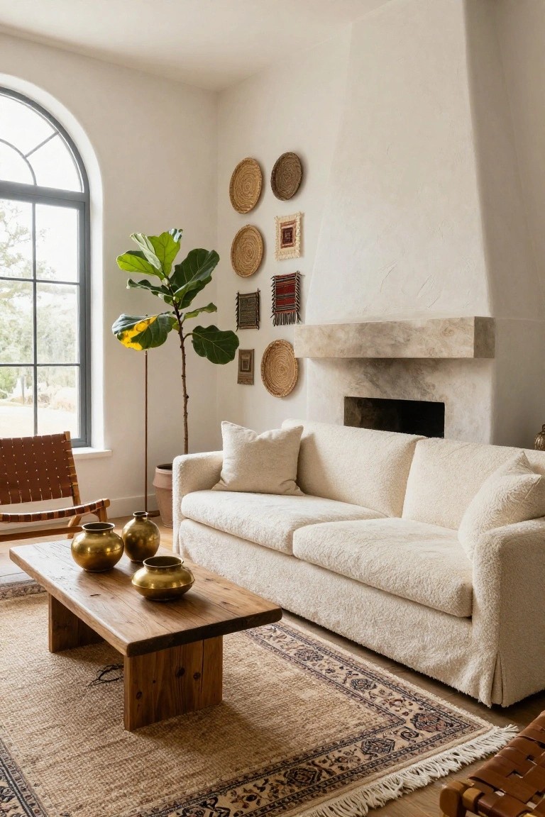 Living room with cream bouclé sofa, wooden coffee table holding brass pots, two leather chairs, tall fiddle leaf fig plant near arched black-framed window, stone fireplace, and wall-mounted woven baskets, frames, and textiles on white plaster walls.