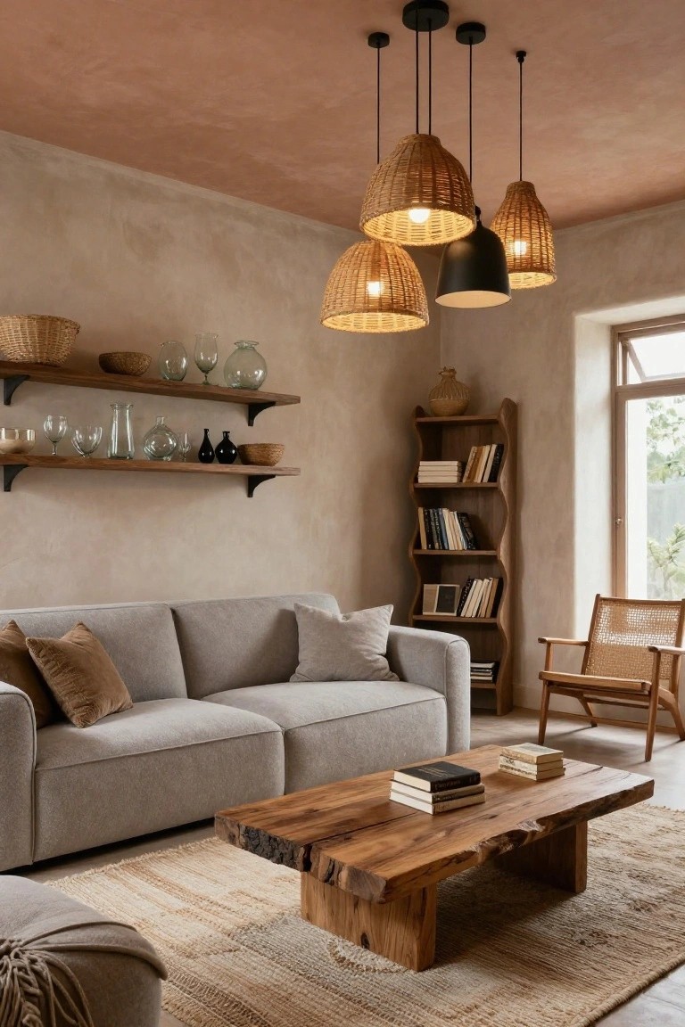 Living room with terracotta pink ceiling, beige textured walls, four rattan pendant lights, wooden open shelves holding glassware baskets and jars, gray L-shaped sofa with cushions, live-edge wood coffee table with stacked books, rattan armchair, and beige woven rug.