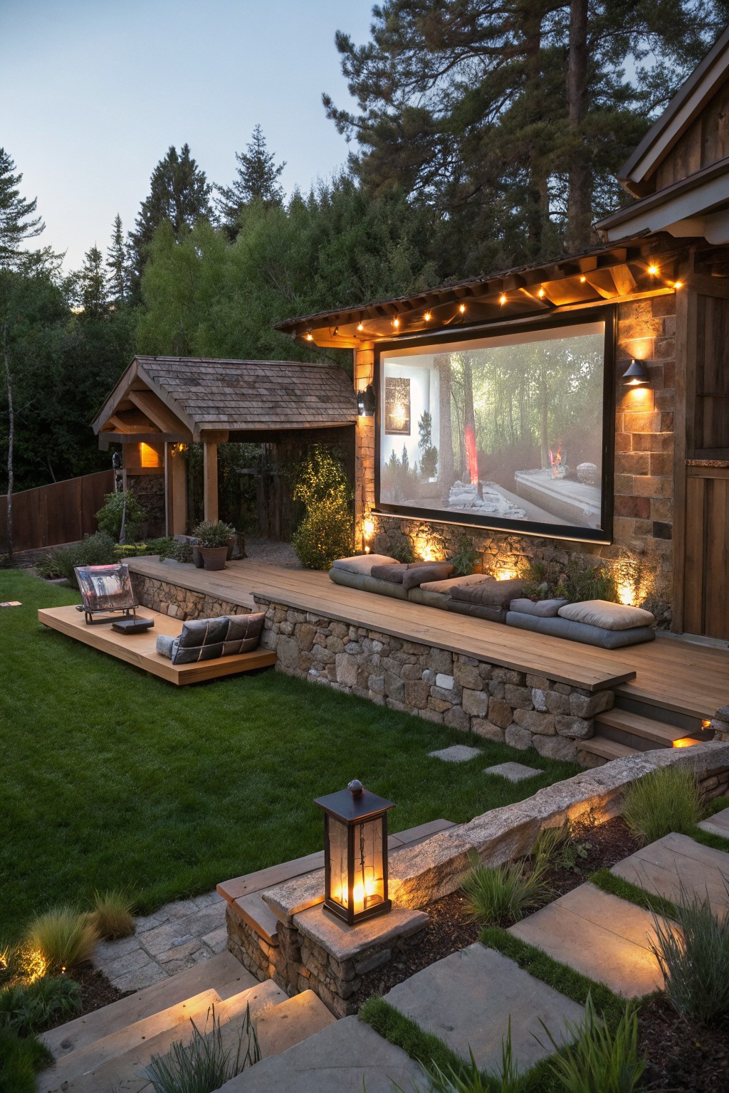 Backyard deck at dusk with large projector screen on stone wall, row of cushioned benches, string lights overhead, lanterns, stone steps, grass, and surrounding trees.