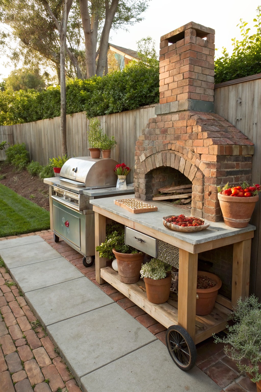 Backyard outdoor kitchen with brick wood-fired pizza oven, stainless steel grill on cart, wooden prep table on wheels holding potted plants, tomatoes, and pizza dough.