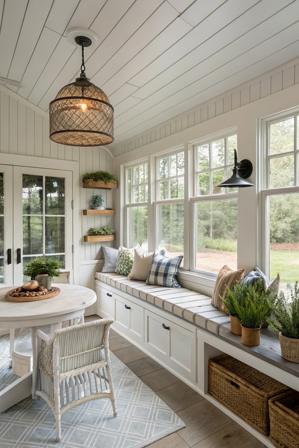 Sunroom interior featuring a long built-in white bench with cushions and pillows along large windows, a round white table with rattan chairs, potted plants on wall shelves and bench, woven baskets in storage cubbies, and a rattan pendant light overhead.