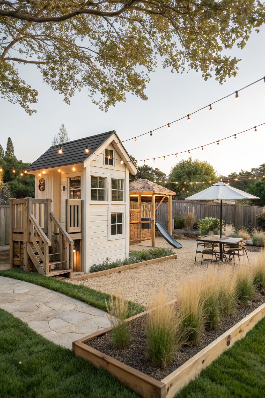 Small elevated white wooden playhouse with shingled roof, stairs, and deck beside a pergola play structure with slide in a backyard with gravel area, raised planters, path, and patio table under string lights.