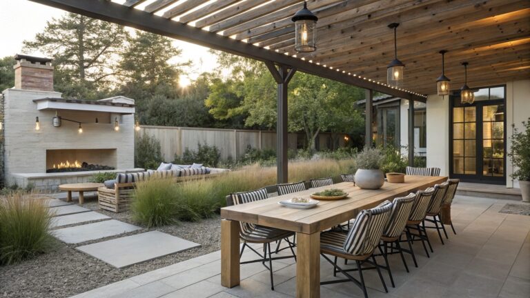 A spacious modern farmhouse backyard features a wooden dining table with striped chairs, a cozy seating area, and a stone fireplace under a pergola.