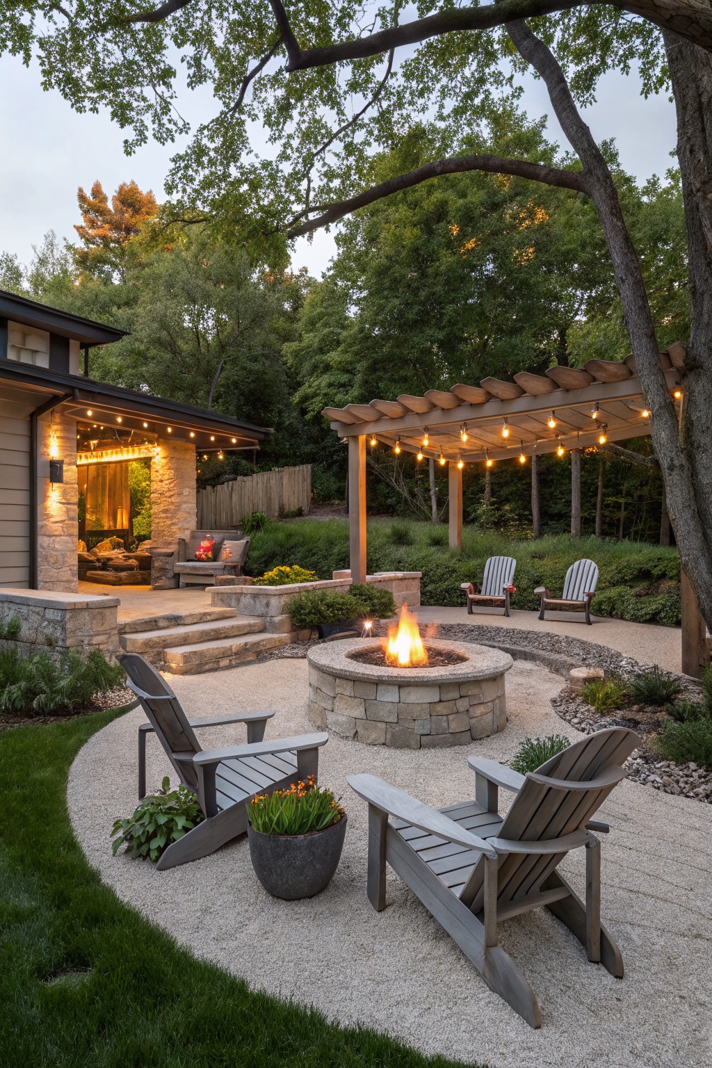 Stone fire pit in a gravel backyard patio surrounded by two Adirondack chairs and potted plants, with a curved path, wooden pergola, and house exterior nearby amid trees.