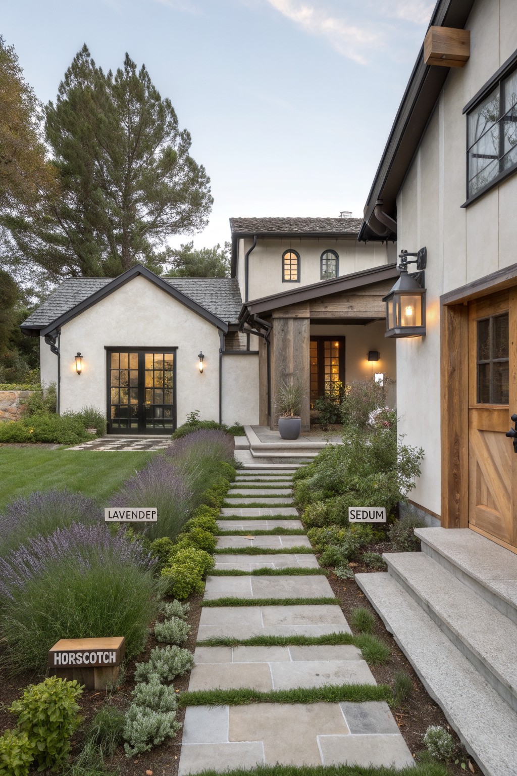Side exterior of a stucco house with dark trim and wooden door, showing a linear stone paver pathway with grass joints bordered by labeled lavender, sedum, and horsemint plants leading up concrete steps, with lawn, shrubs, and pine trees nearby.