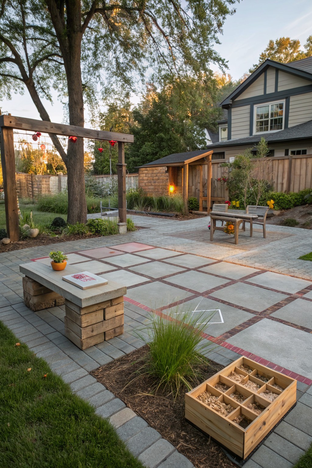 Backyard patio with gray concrete pavers marked in red for hopscotch, a wooden bench with plant, nearby toy storage box, table and chairs, swing structure under tree, and house with landscaping in background.
