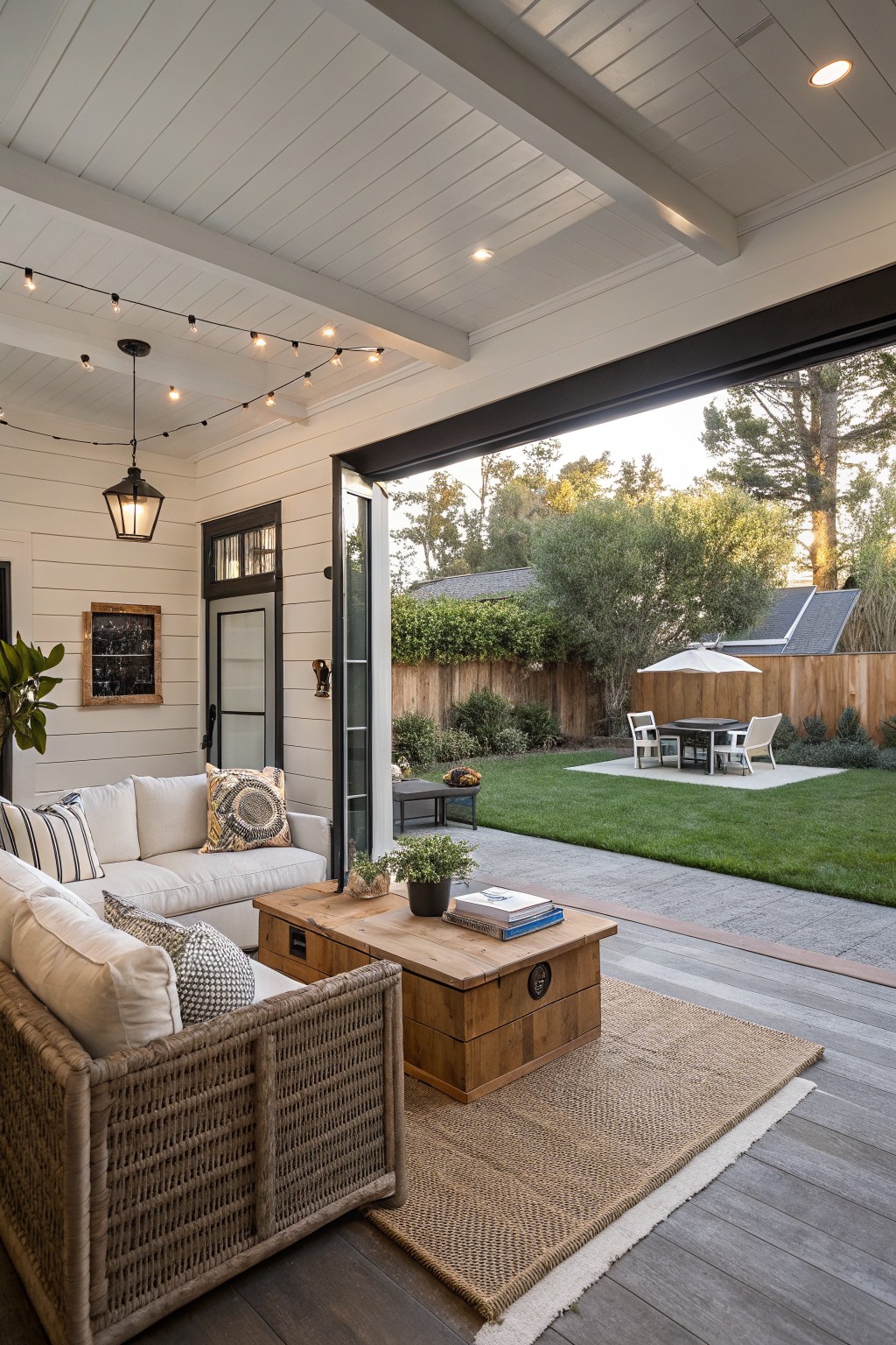 Cozy covered porch with white sofa, wicker chair, wooden table, and backyard patio.
