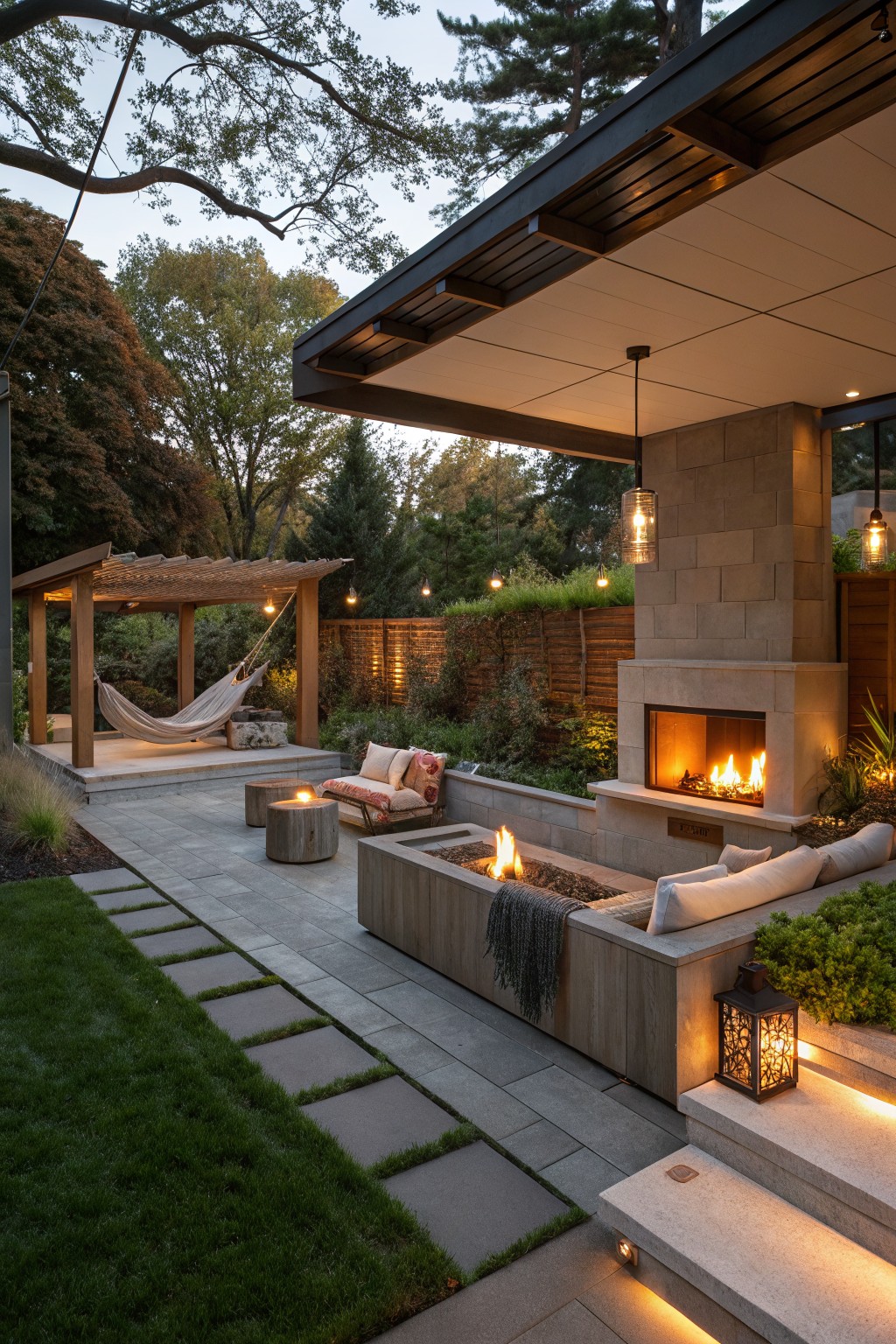 Modern backyard patio with firepit, stone fireplace, hammock, and string lights at dusk.