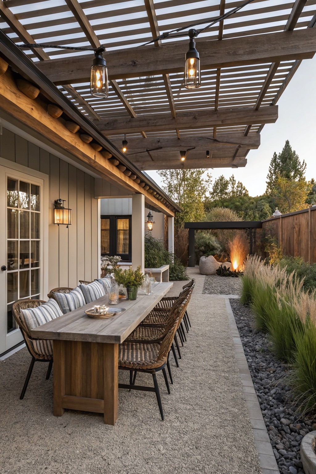 Wooden outdoor dining table with woven chairs under a pergola at dusk.
