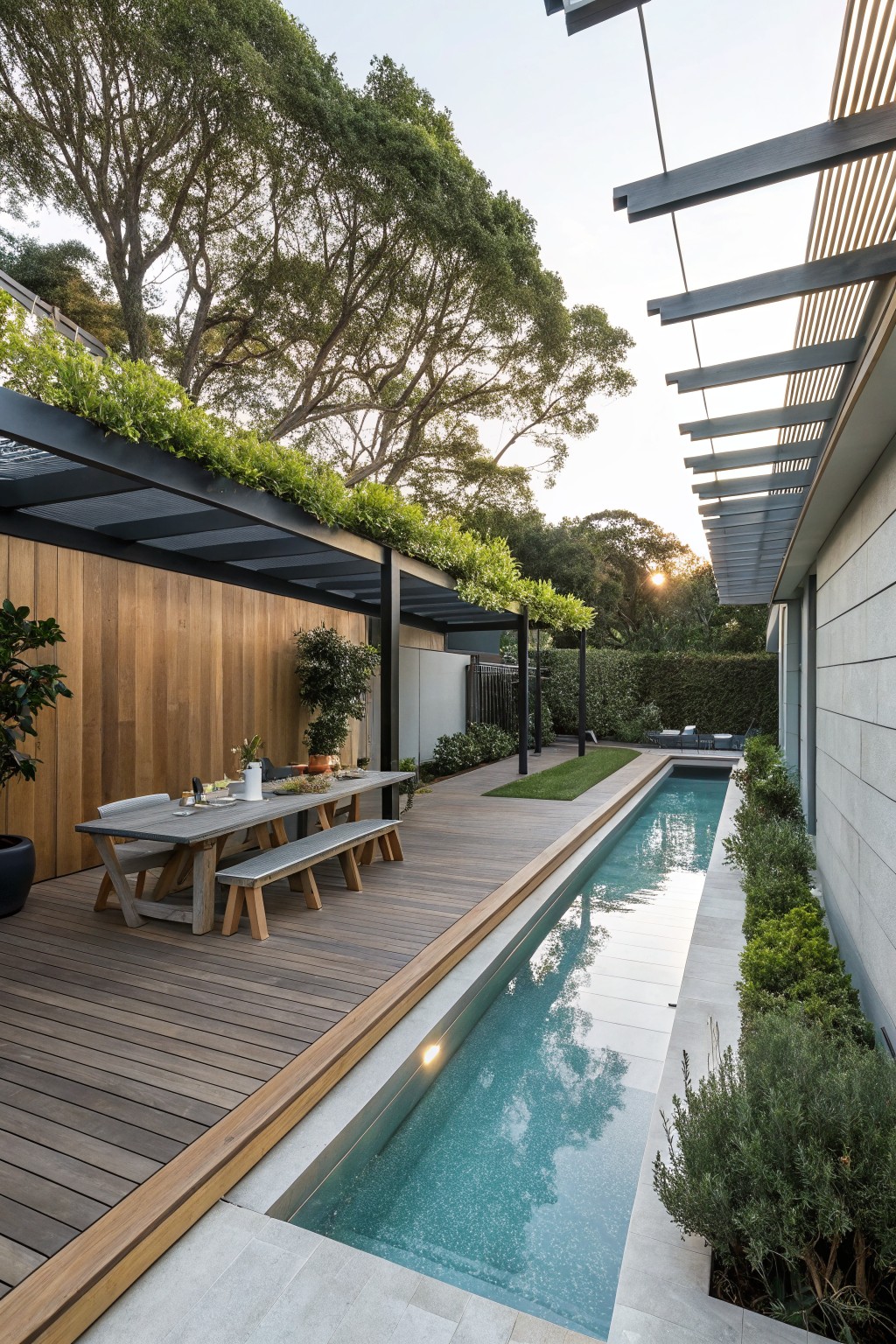 Narrow turquoise lap pool running parallel to a wooden deck with a long dining table and benches, under a steel pergola covered in greenery, with trees and shrubs in the background.