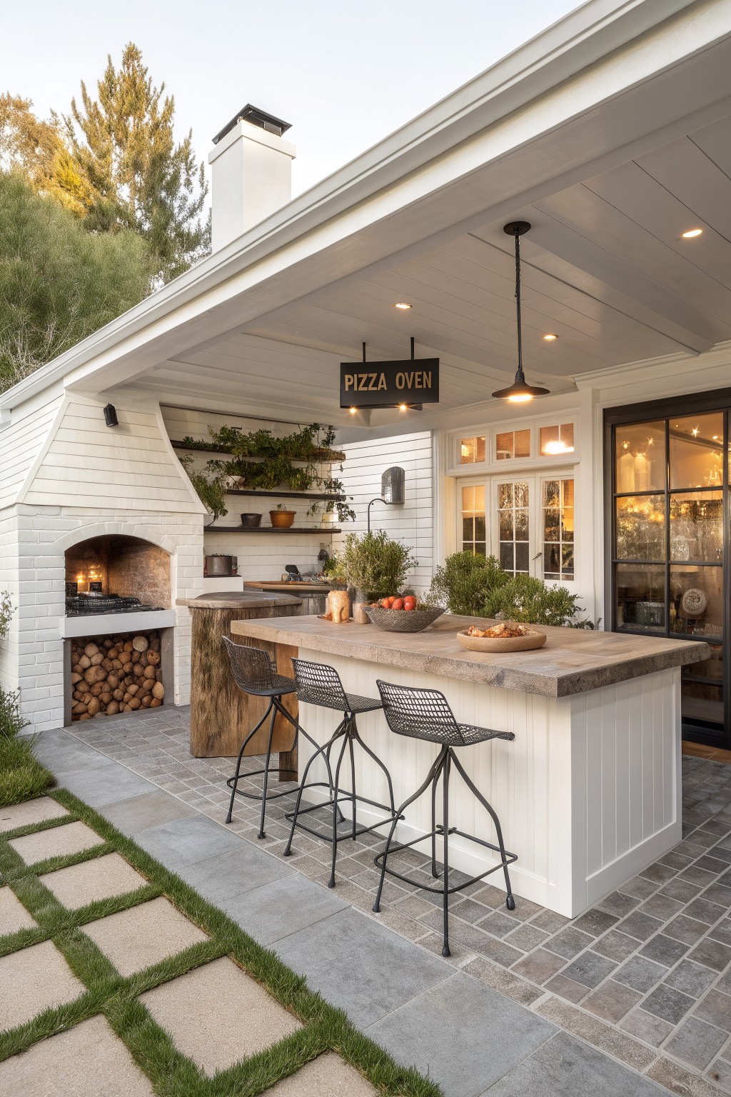 Covered outdoor patio featuring a white brick pizza oven, wooden countertop bar with bar stools, firewood stack, potted plants, and glass doors leading inside.