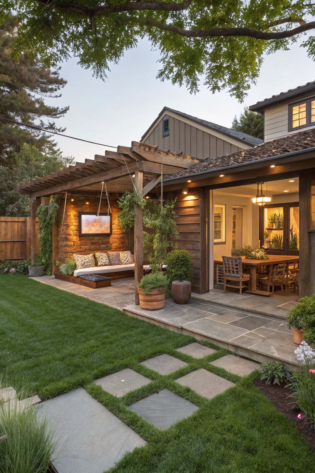 Backyard view showing a wooden pergola over a cushioned bench seat on a stone patio, with open doors to an indoor dining area, lawn, potted plants, and string lights.