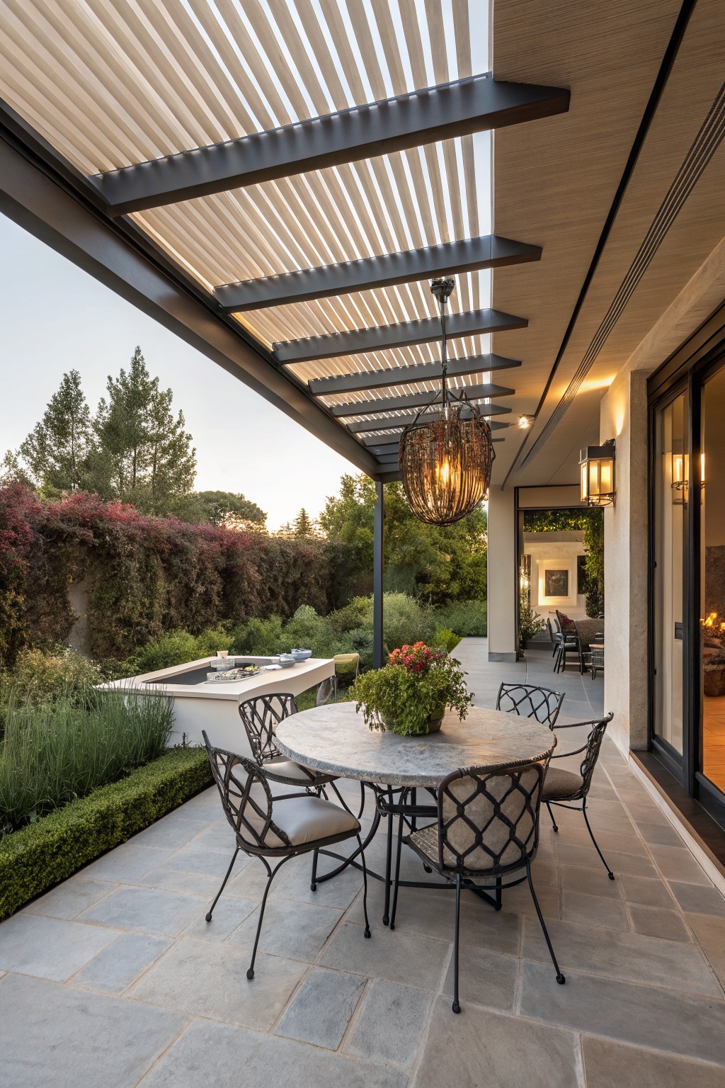 Outdoor patio under a beige louvered wooden pergola with hanging rattan lanterns, a round gray stone table with four black metal chairs, white outdoor kitchen counter nearby, hedges and trees in the background, and glass doors to the house.