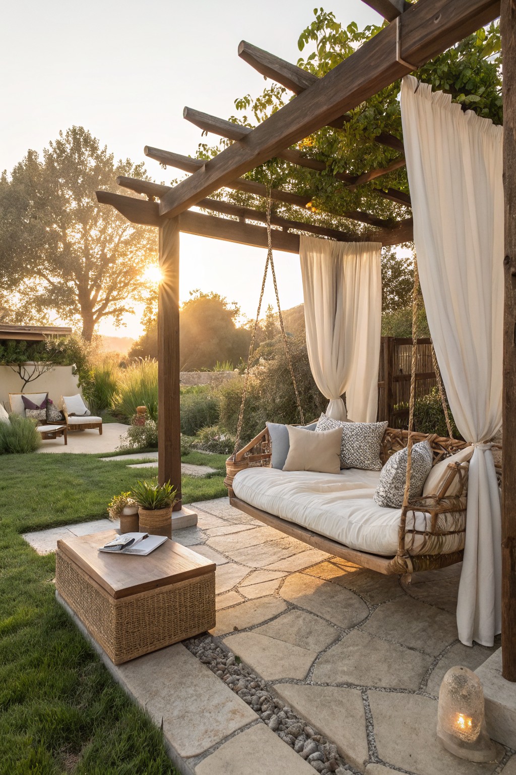 Wooden pergola covered in green vines with white draped curtains around a suspended wicker swing bed filled with white cushions and patterned pillows, on a stone patio with potted plants, low table, and grass nearby at sunset.
