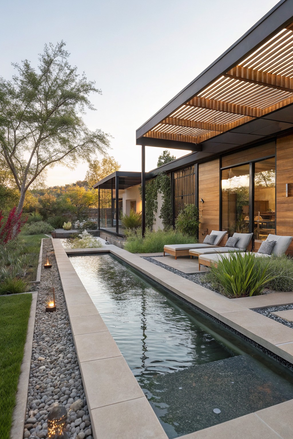 Long narrow reflecting pool alongside four beige lounge chairs on a gravel patio, with agave plants, pebble edging, wooden house exterior, and slatted pergola overhead in a landscaped backyard at dusk.