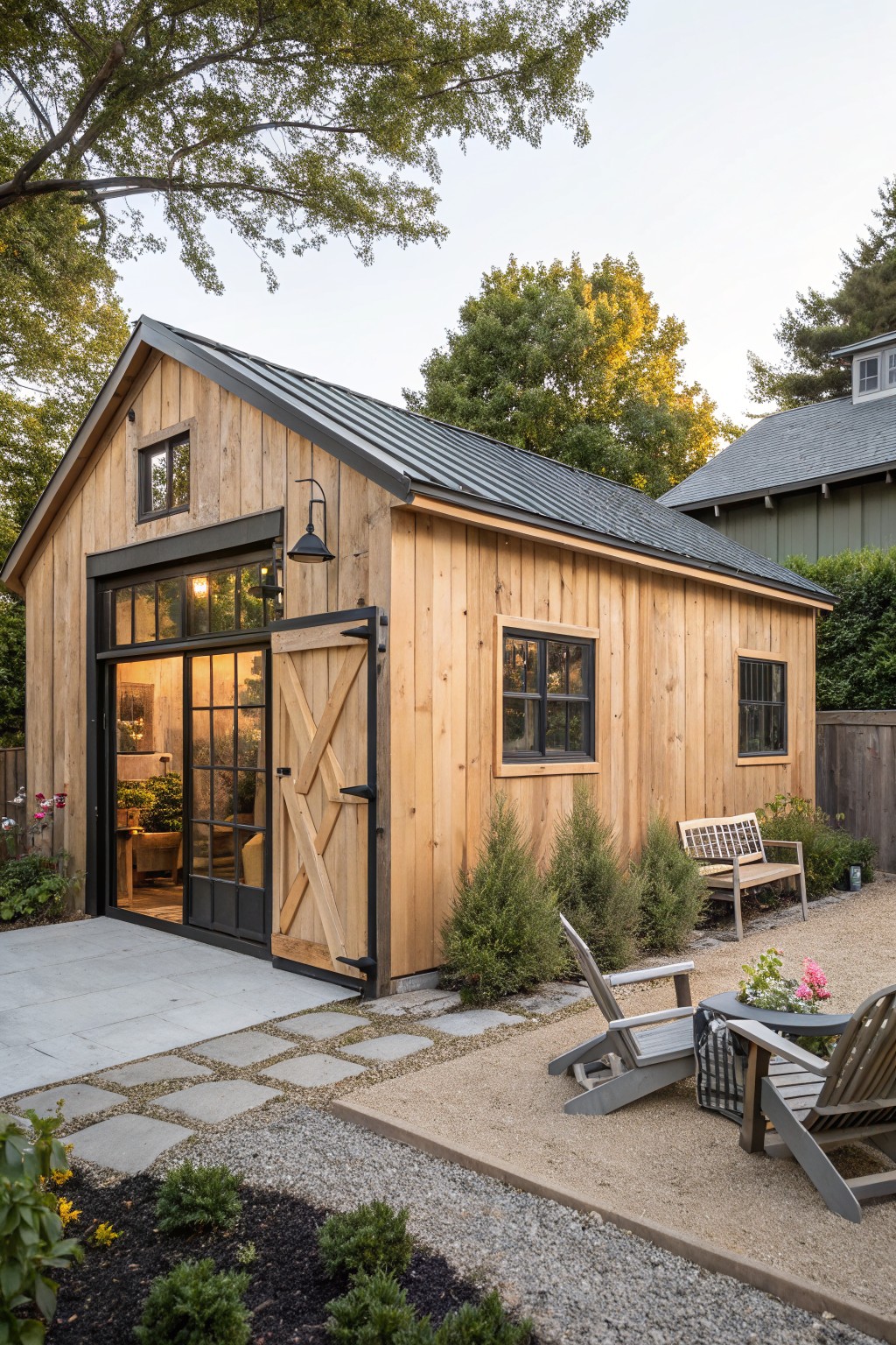 Wooden backyard shed with horizontal siding, black metal roof, large glass garage door with open barn-style wooden door, flanked by plants and patio chairs on gravel and pavers.