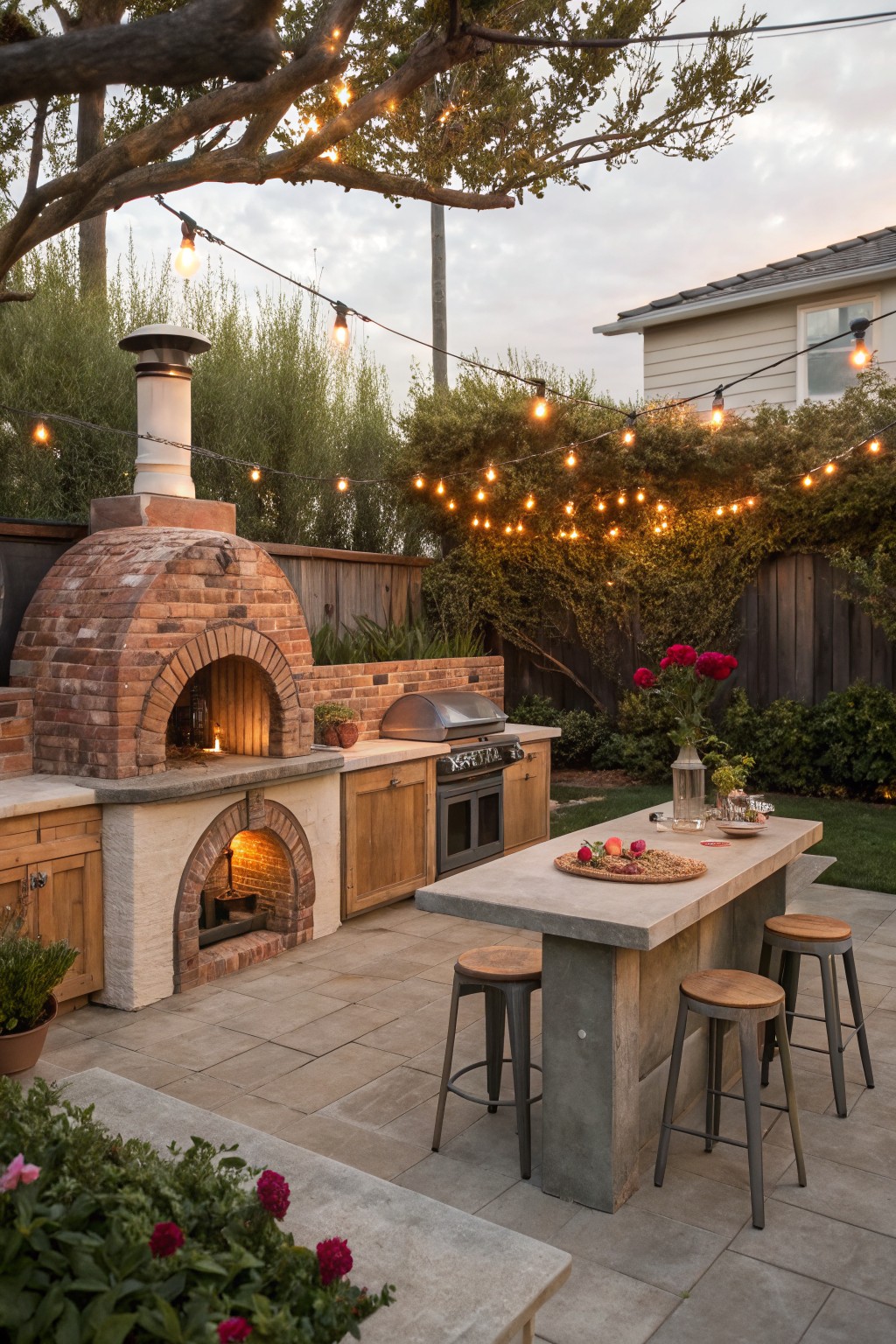 Backyard outdoor kitchen with brick wood-fired pizza oven, gas grill, wooden cabinets, concrete table topped with food and stools, string lights overhead, plants, and wooden fence.