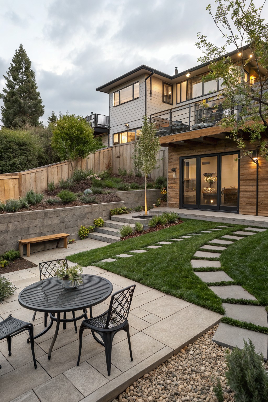 Backyard view showing a concrete patio with round black metal table, four chairs, and potted plant next to a curving path of large gray stone pavers set into green lawn leading to steps, garden beds, retaining wall, and two-story house exterior with wooden accents and glass doors.