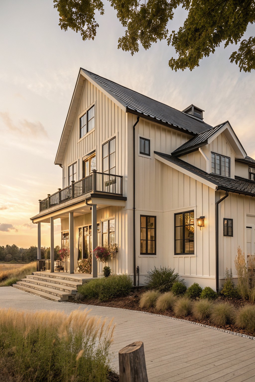 Two-story modern farmhouse house exterior featuring white board-and-batten siding, black metal gabled roof, large black-framed windows, elevated porch with columns, upper balcony, and gravel pathway with grasses at dusk.
