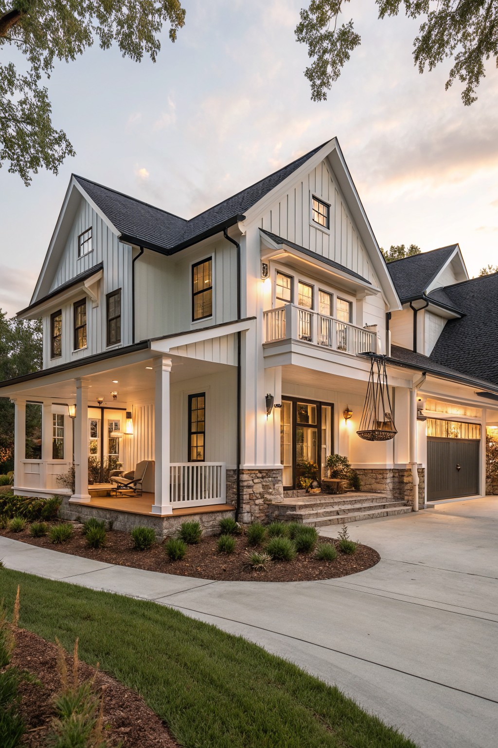 Two-story white board-and-batten farmhouse exterior with black trim and roof, covered front porch, upper balcony, side garage, stone entry steps, and low landscaping beds on a concrete driveway at dusk.