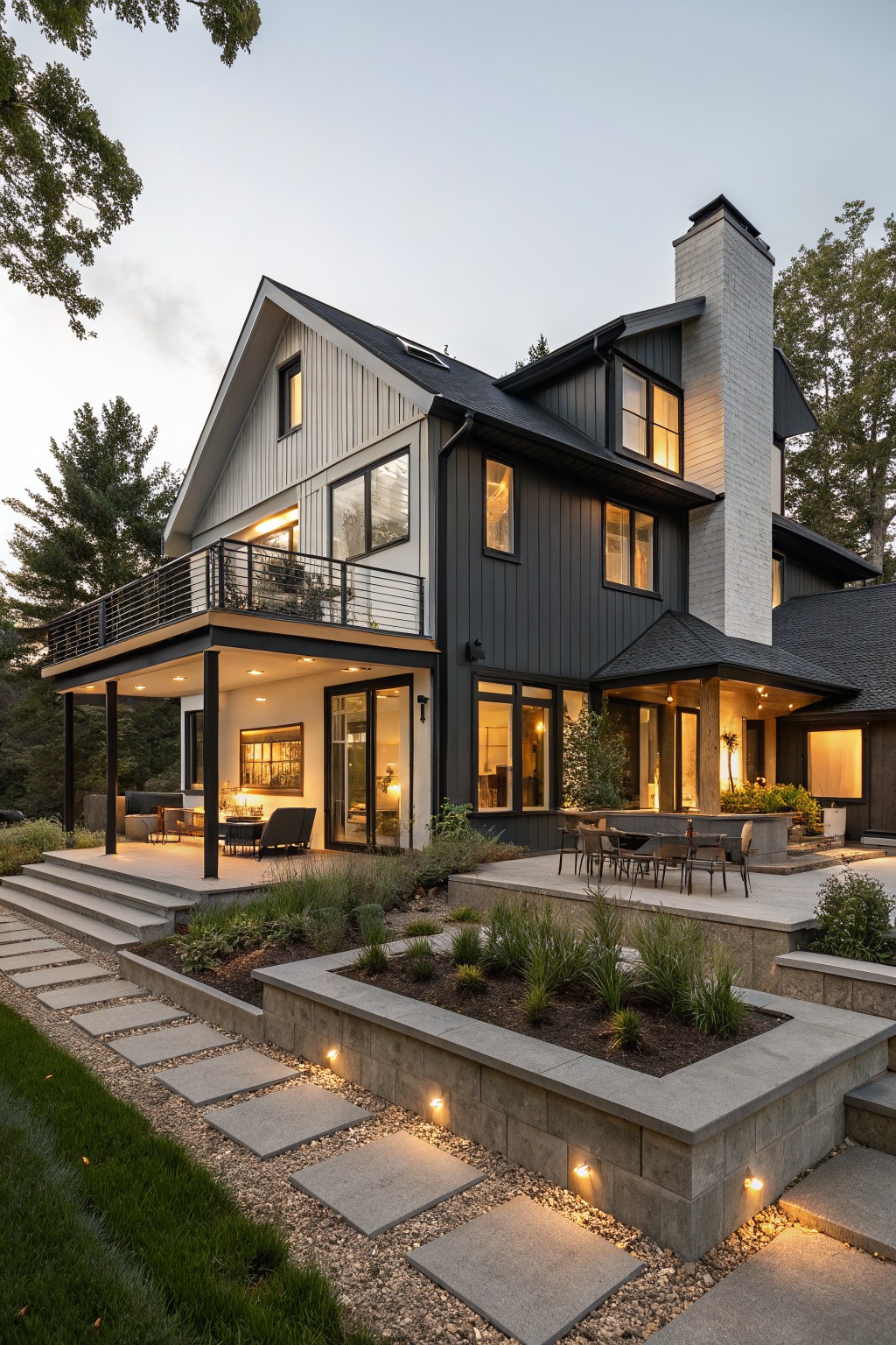 Two-story modern farmhouse exterior with charcoal board-and-batten siding, white trim, brick chimney, glass balcony railing, covered deck, stone steps, planted beds, and path lighting at dusk.