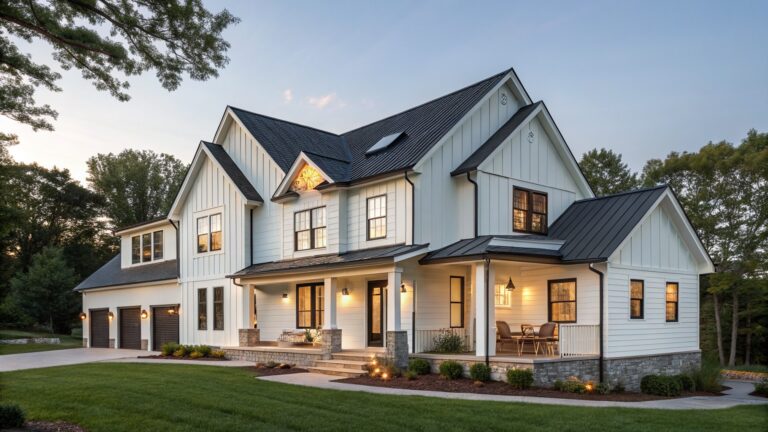Two-story white board-and-batten farmhouse with black standing-seam metal roof, wrap-around porch, lanterns, and front landscaping at dusk.