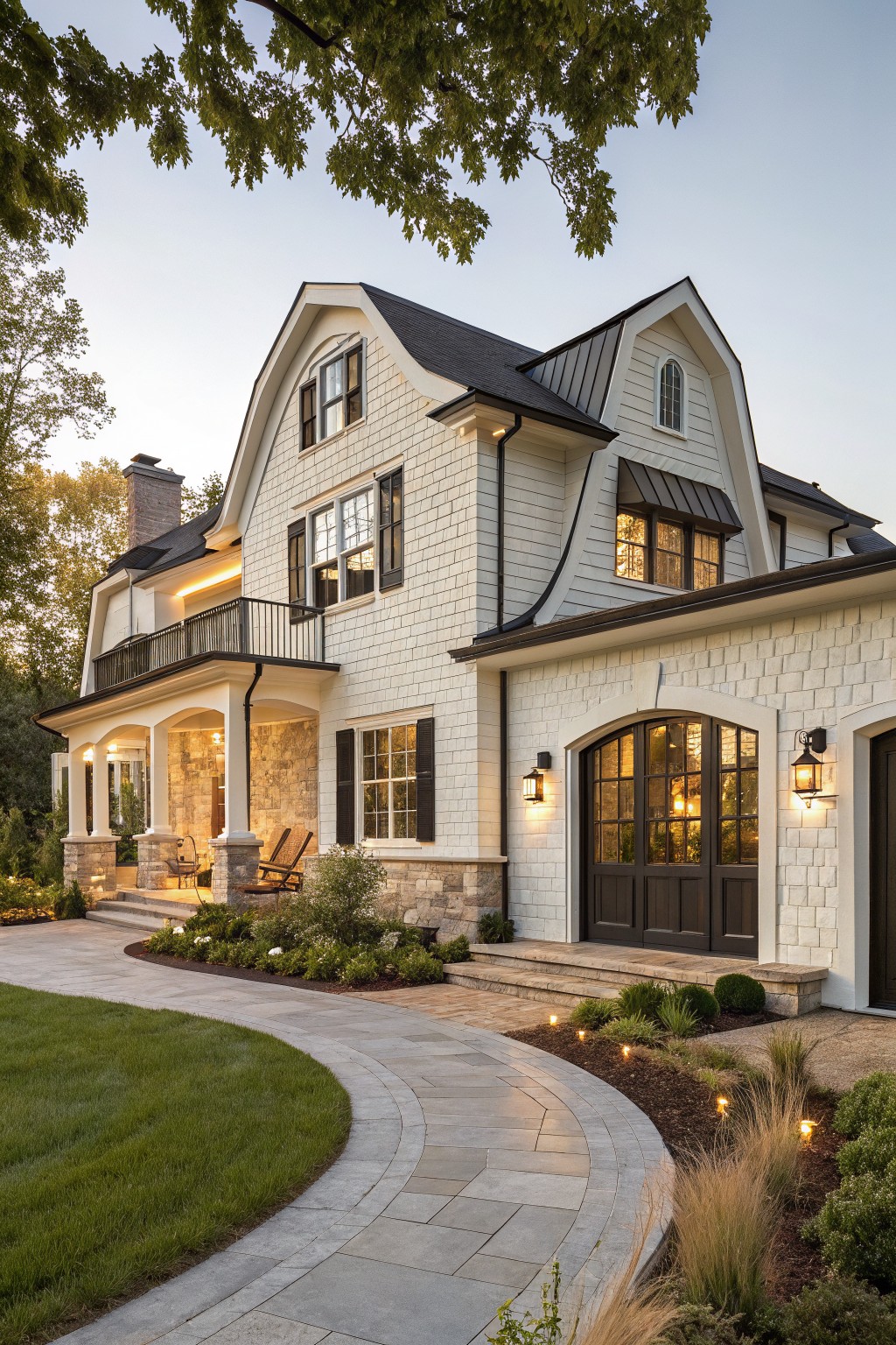 Two-story modern farmhouse exterior featuring a gambrel roof, white shake siding, stone porch supports, arched garage doors, curved paver walkway, and low-voltage landscape lighting.