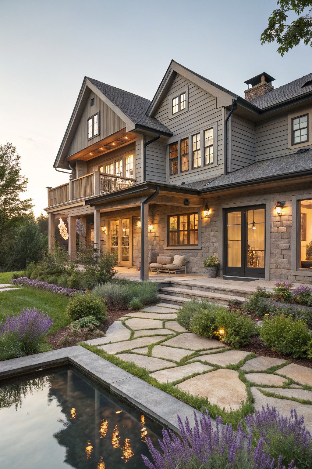 Two-story house exterior at dusk featuring gray wood siding, stone porch base, upper deck with railing, covered lower porch, landscaping with lavender plants, stone pathway, and small reflecting pool.