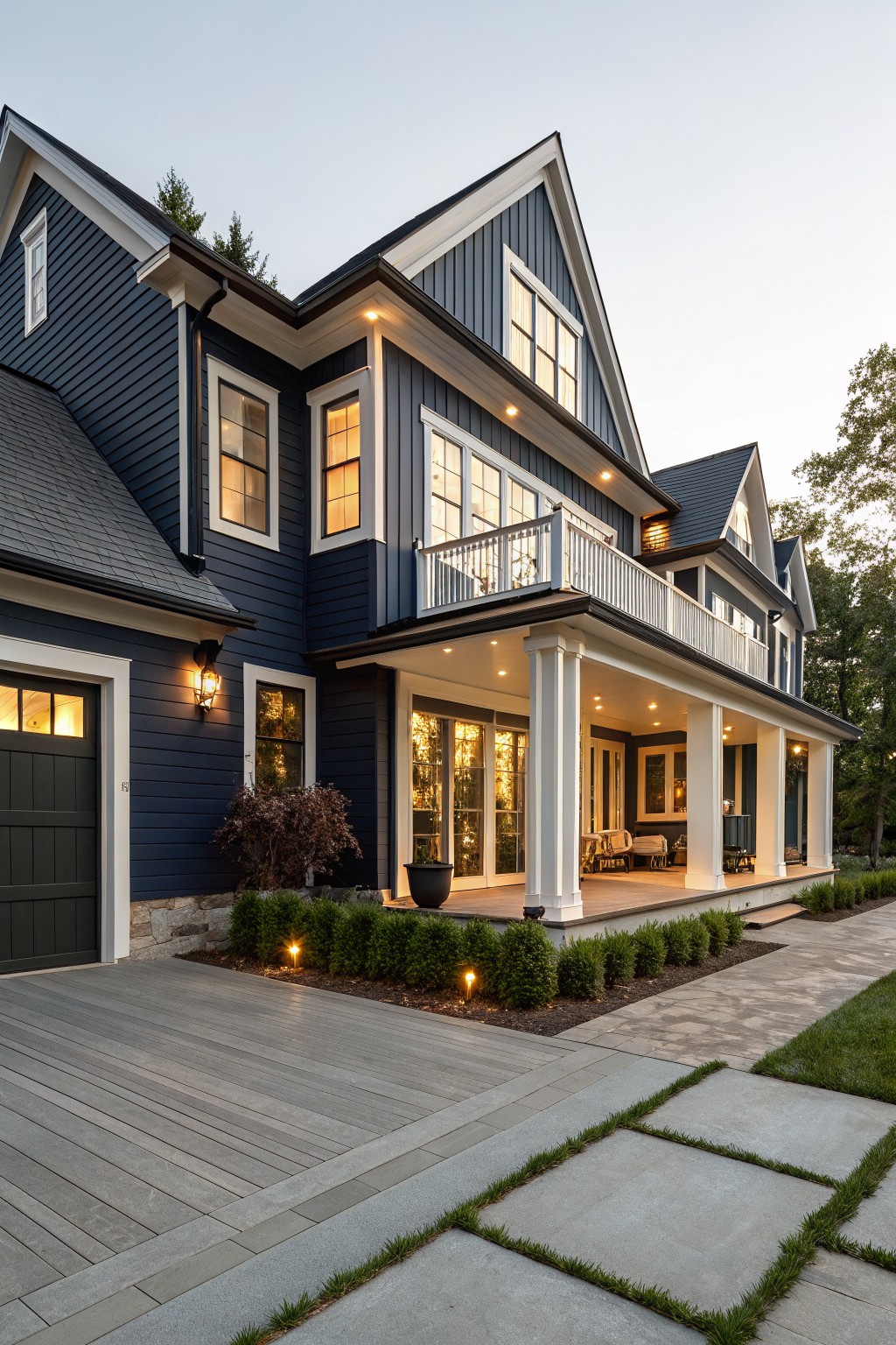Two-story modern farmhouse exterior featuring navy blue clapboard siding, white trim, black gabled roofs, wrap-around porch with columns, attached garage, and low boxwood plantings on a concrete paver pathway at dusk.