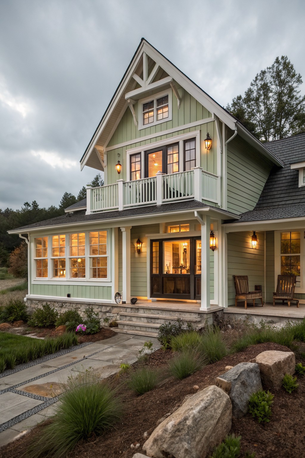 Two-story house exterior with sage green vertical siding, white trim, gabled roof, front porch with steps, upper balcony, lantern lights, wooden chairs on porch, stone retaining wall, gravel path, grasses, rocks, and trees in overcast light.