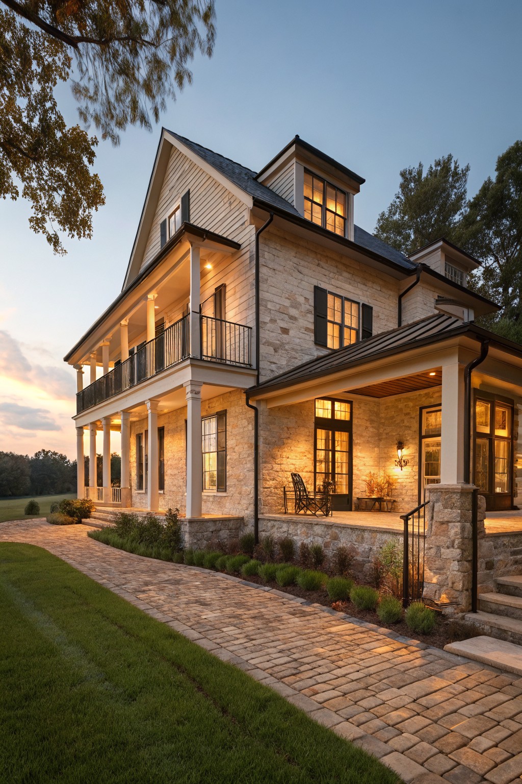 Two-story modern farmhouse exterior with light-colored stone lower walls, white clapboard siding on upper level, wraparound porch supported by columns, black metal roof, pathway leading to entry, shrubs, and warm dusk lighting.