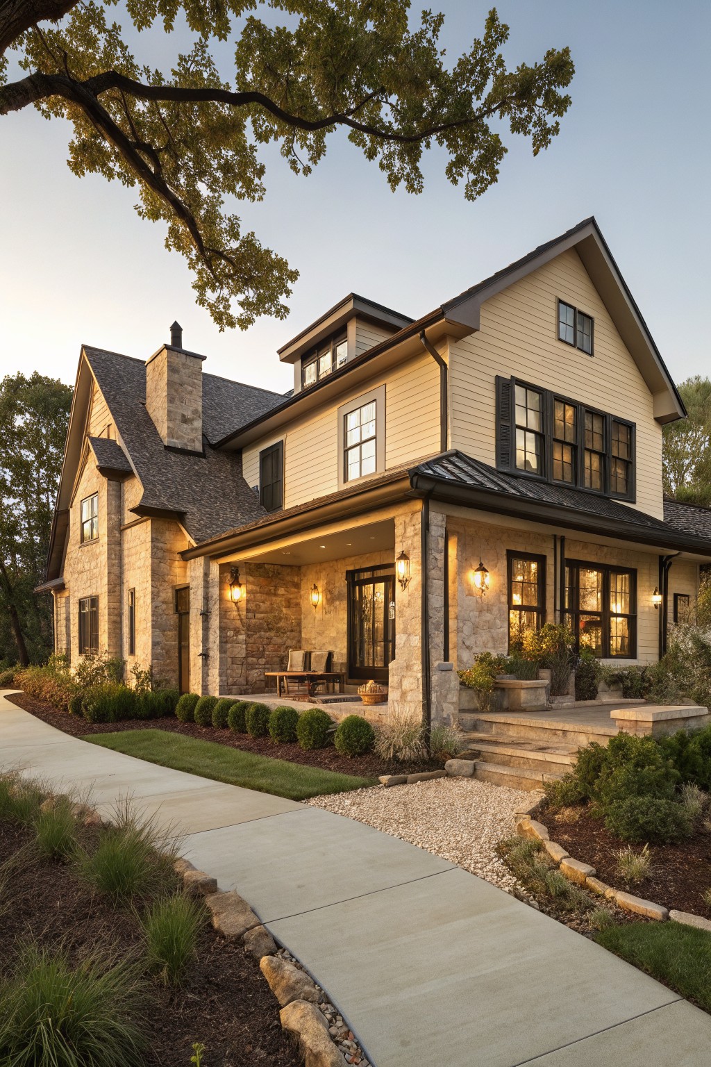Two-story modern farmhouse exterior featuring beige horizontal siding, limestone base and porch columns, covered front porch with lanterns, surrounded by shrubs and a concrete pathway at dusk.