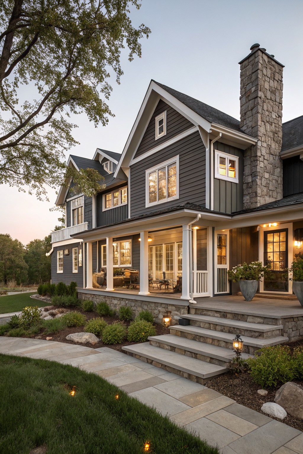 Two-story modern farmhouse exterior with dark gray siding, white trim, tall multi-flue stone chimney, gabled roof, wrap-around porch with screens, stone steps, flagstone path, shrubs, and landscape lighting at dusk.