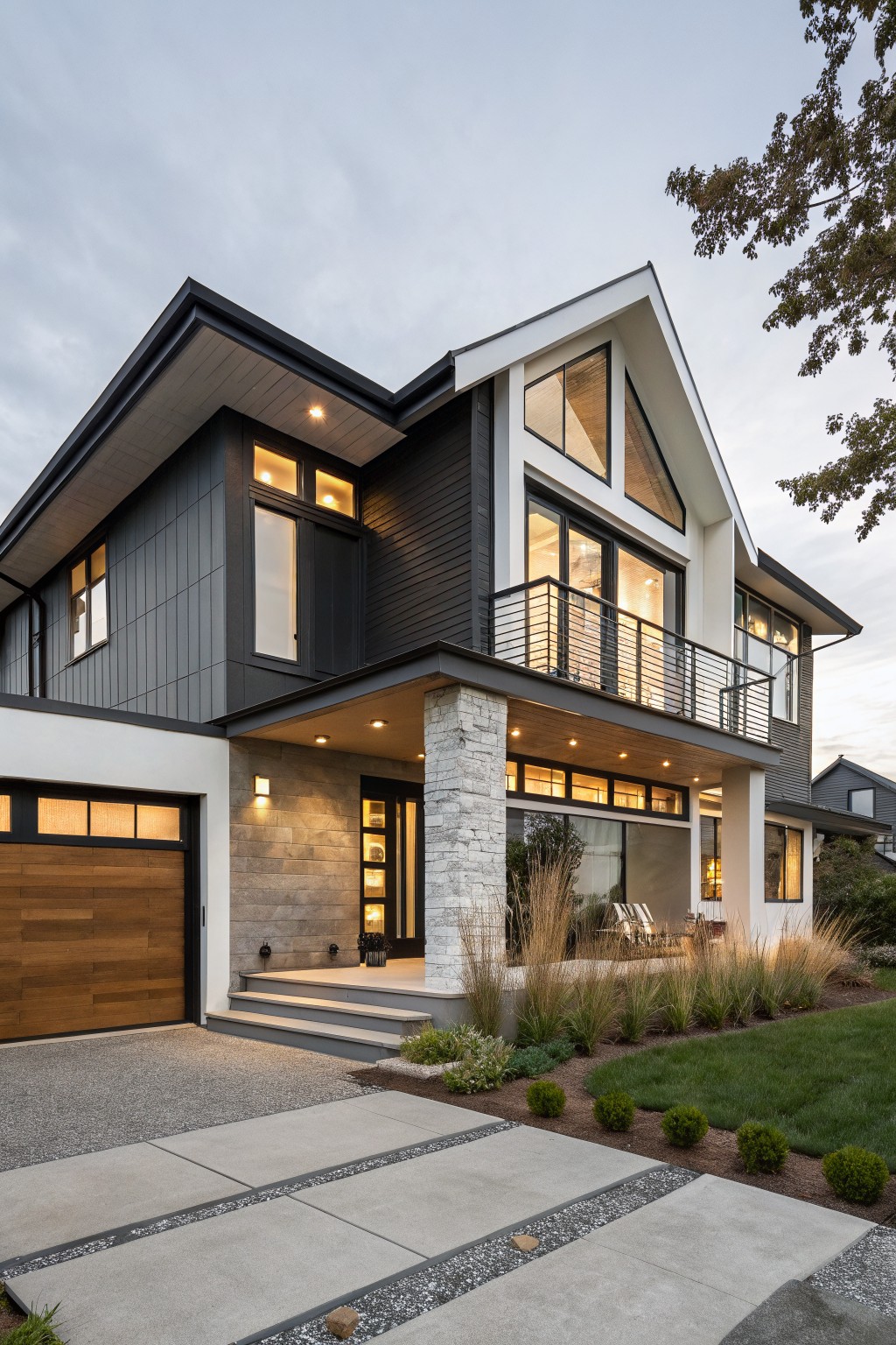 Modern two-story home with dark siding, stone pillars, and lit windows at dusk.