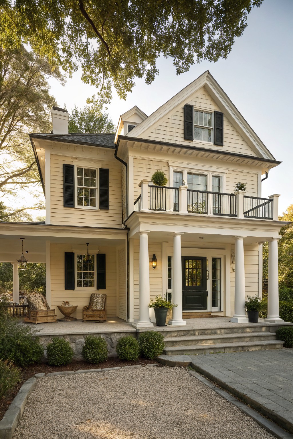 Two-story modern farmhouse house exterior with light beige horizontal siding, black shutters on multi-pane windows, gabled roof, upper balcony with black railing and planters, covered front porch supported by white columns, dark wood front door, stone steps, potted plants, boxwoods, and gravel-paver driveway.