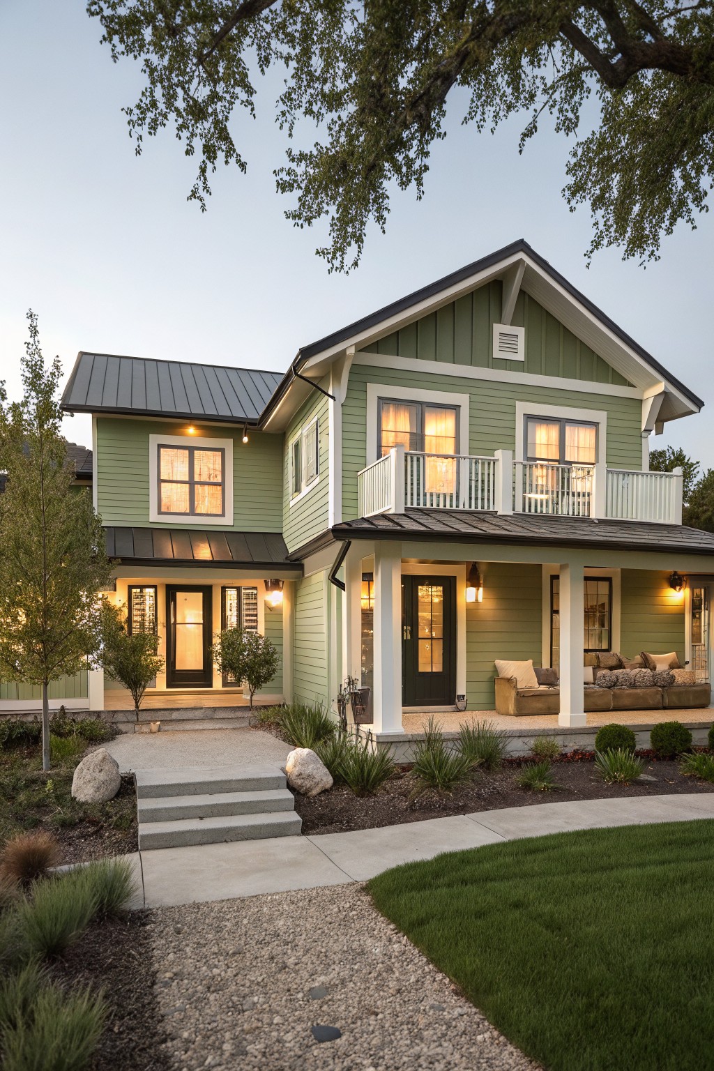 Two-story modern farmhouse house exterior painted pale green with black trim and metal roof sections, featuring a deep covered front porch with white columns, balcony upstairs, outdoor seating, steps, and low landscaping at dusk.