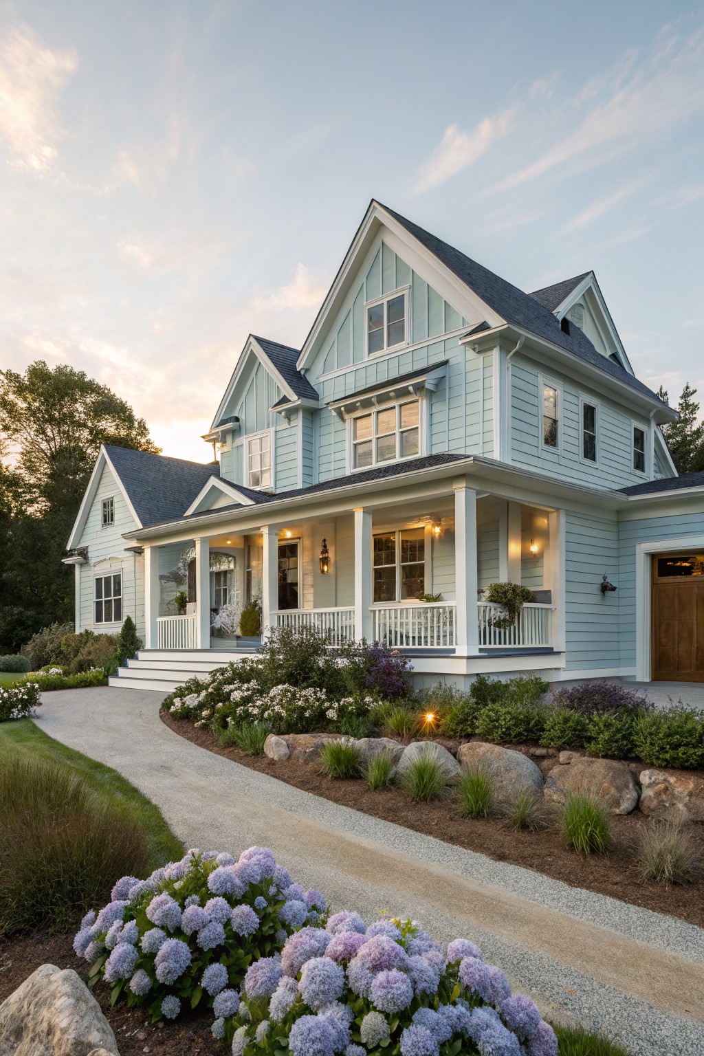 Two-story light blue clapboard house with gabled roofs, wraparound front porch with white columns and railings, wooden garage door, hydrangea plantings, rocks, and curved gravel driveway at dusk.