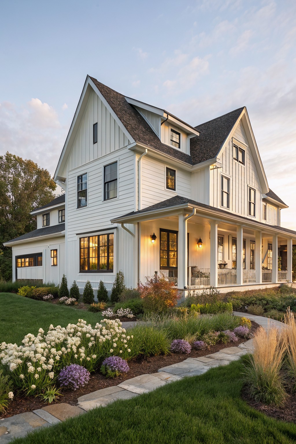 White two-story modern farmhouse with board-and-batten siding, black-framed windows, wrap-around porch with columns and lanterns, attached garage, and front yard landscaping including flower beds, shrubs, and stone pathway.
