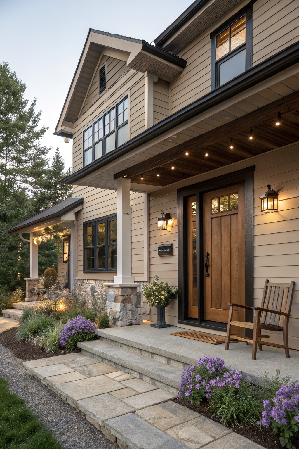 Front exterior of a two-story house with beige siding, black window and roof trim, wooden front door under a covered porch, stone base, landscaping with purple flowers, and lit lanterns at dusk.