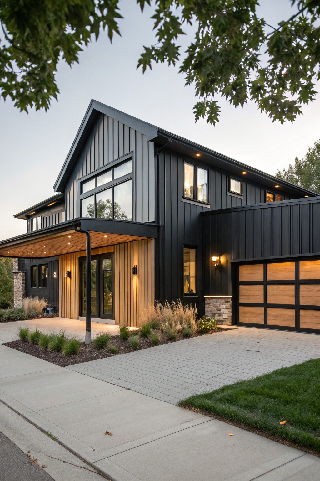 Modern farmhouse house exterior with black vertical siding, large glass windows, covered entry porch with wooden ceiling, wooden garage doors, stone accents, ornamental grasses, and a concrete driveway.