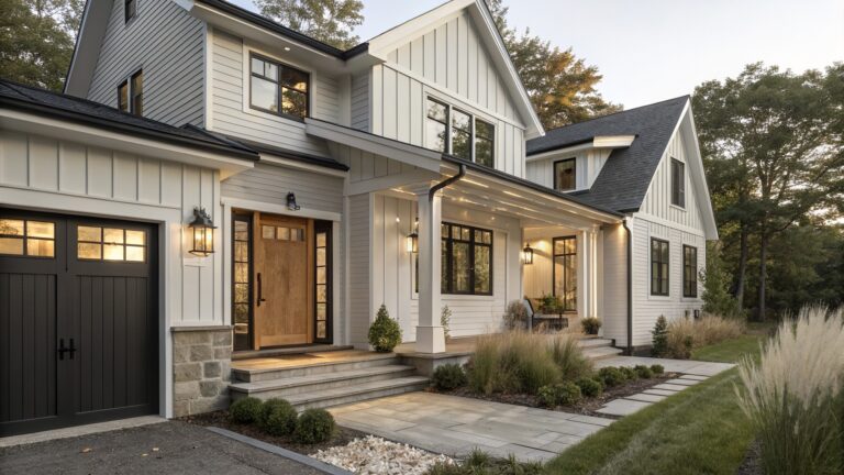 Two-story modern farmhouse exterior with light gray vertical board-and-batten siding, black roof and trim, wooden front door with glass panels, white porch columns, lanterns, stone steps, and low landscaping with grasses and mulch at dusk.