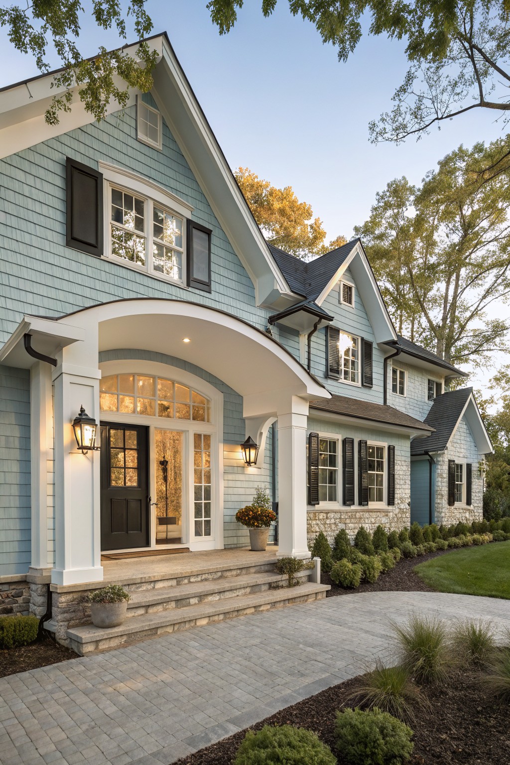 Two-story modern farmhouse exterior with light blue-gray clapboard siding, black shutters and front door, white trim on arched porch entry, dark shingled roof, stone foundation, lanterns, potted plants, and front pathway with landscaping.