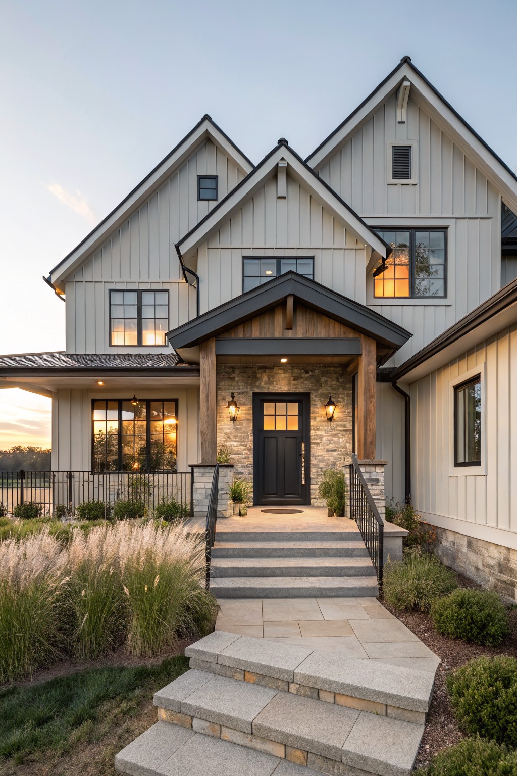 Front view of a two-story modern farmhouse with light gray vertical siding, black-framed windows and door, wood-beamed covered porch with stone pillars, concrete steps, and ornamental grasses in the landscaping at dusk.