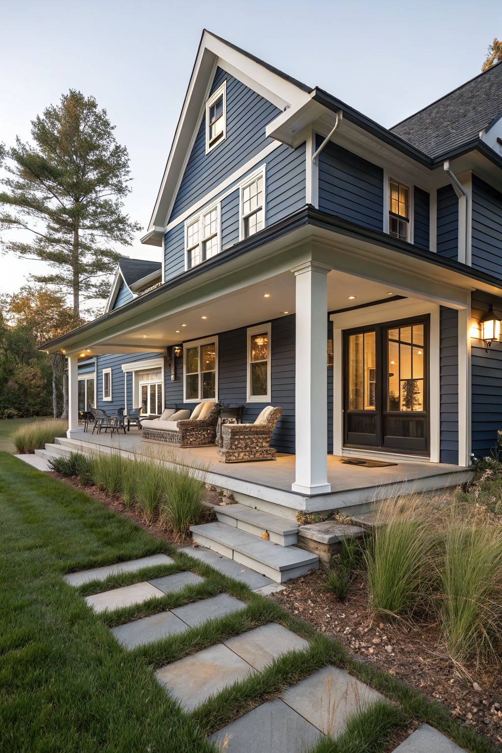 Side view of a two-story navy blue clapboard house with white trim, black roof, covered porch supported by white columns, outdoor furniture, and stone steps leading to a lawn edged with tall ornamental grasses.
