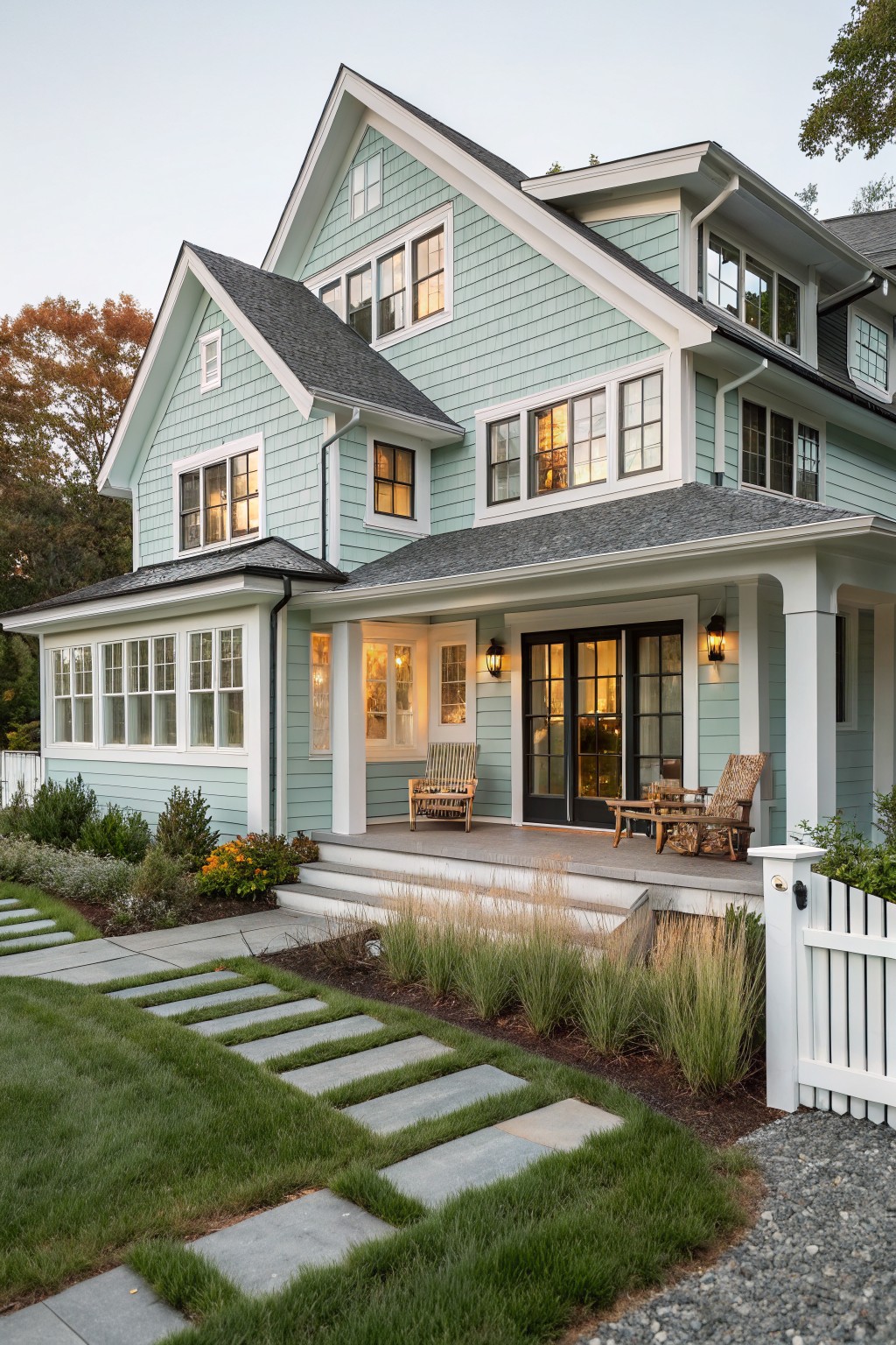Two-story house with pale blue-green shingle siding, white trim, gabled roofs, covered porch with black doors and wicker chairs, stone path, and landscaped yard with grass and shrubs.
